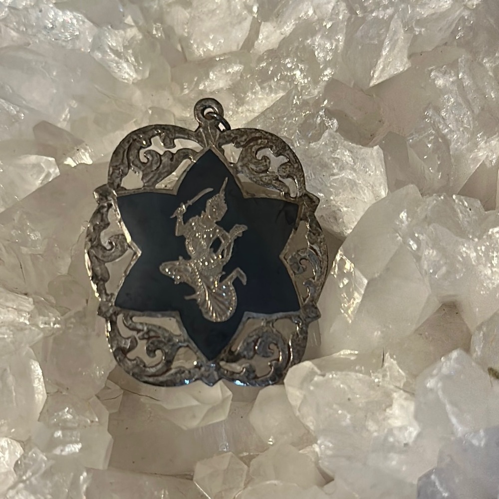 Antique Siam Black Onyx inlay Sterling Silver Pendant